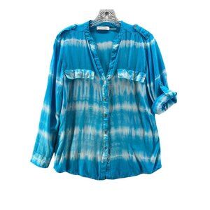Calvin Klein Womens Top Small V Neck Tye Dyed Roll Tab Long Sleeve  Blue Epaulet